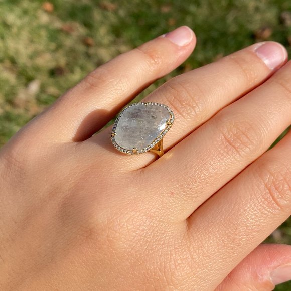 Gray Sapphire and Natural Diamond Halo Ring - Picture 8 of 9